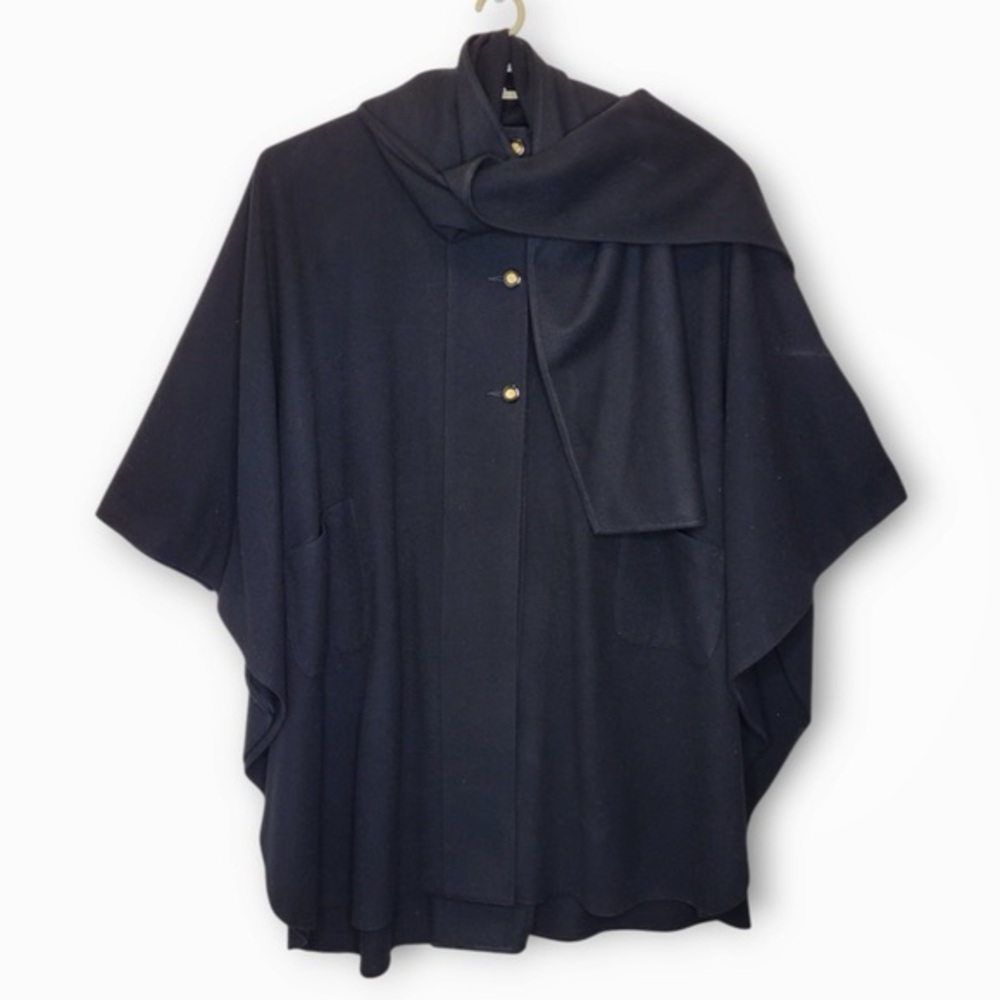 Avoca Collection Wool Cashmere Cape One Size Black Ireland Attached Scarf Gold